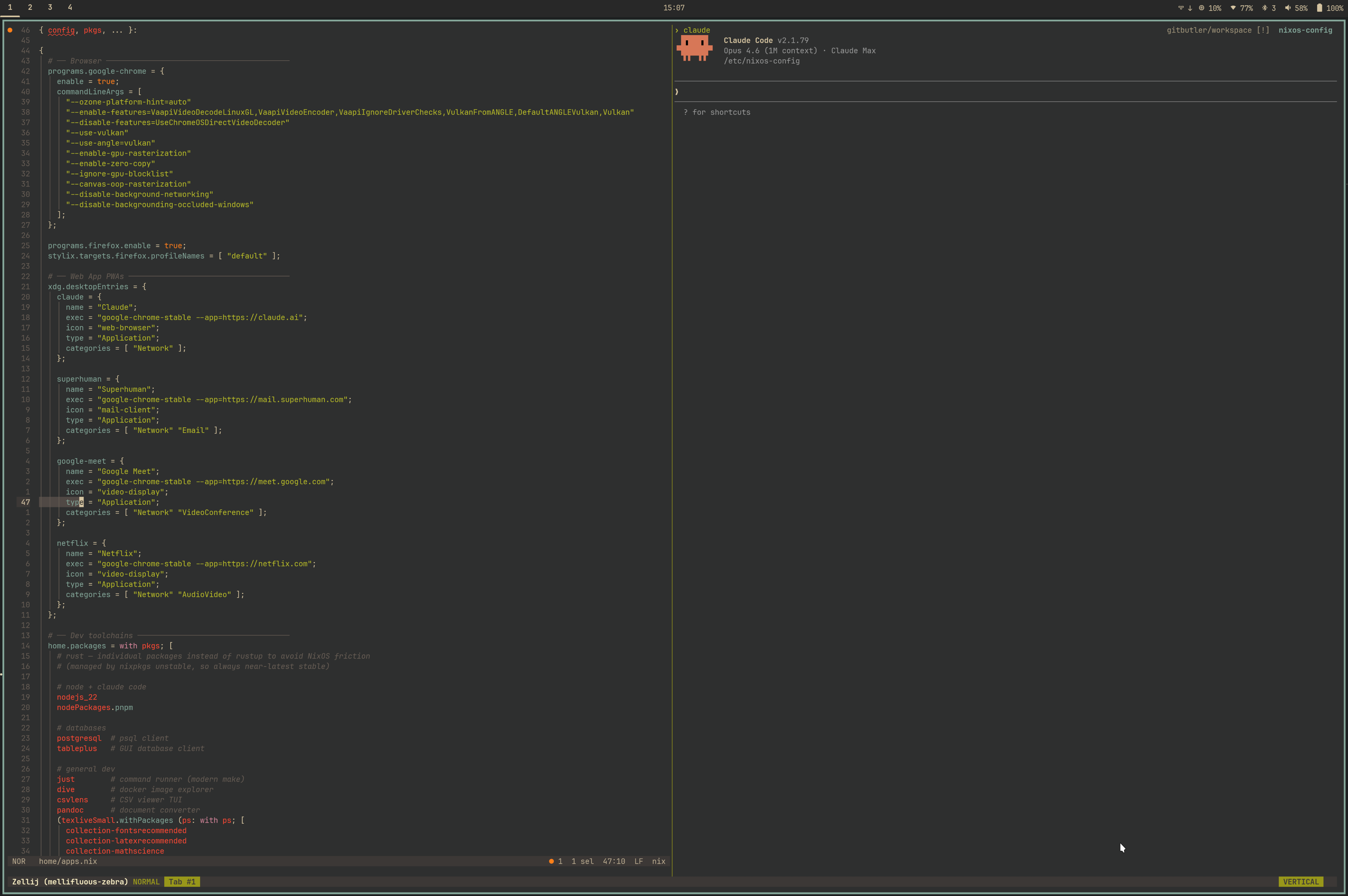 Helix editor and Claude Code in Zellij