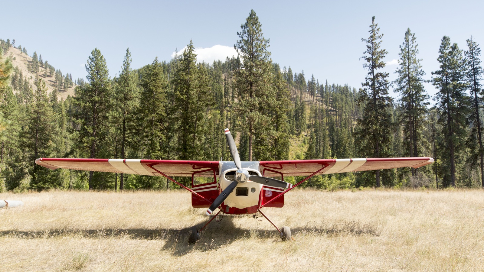 Parked in the Idaho Backcountry during an overnight fishing trip. Cessna 180 in the Idaho Backcountry